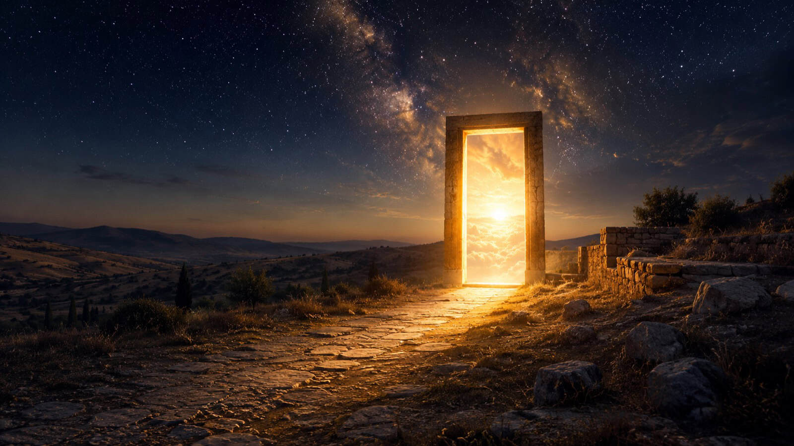 A warm doorway of light opening into a bright threshold, symbolizing spiritual transformation
